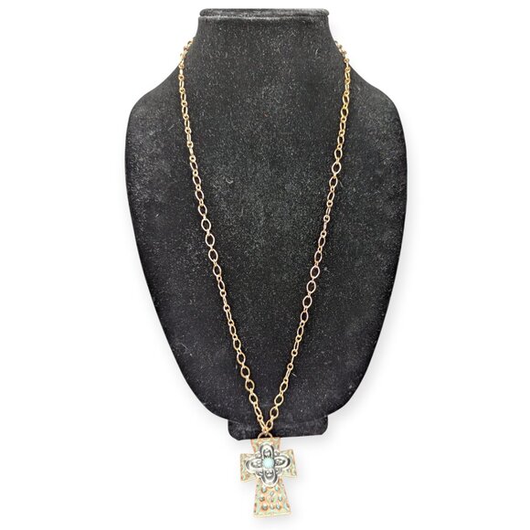 Copper & Turquoise Cross Pendant Necklace 2" x 1.5" w/Chain Necklace - Picture 2 of 11